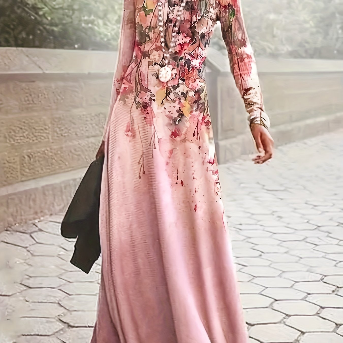  Floral Print Long Sleeve Maxi Dress