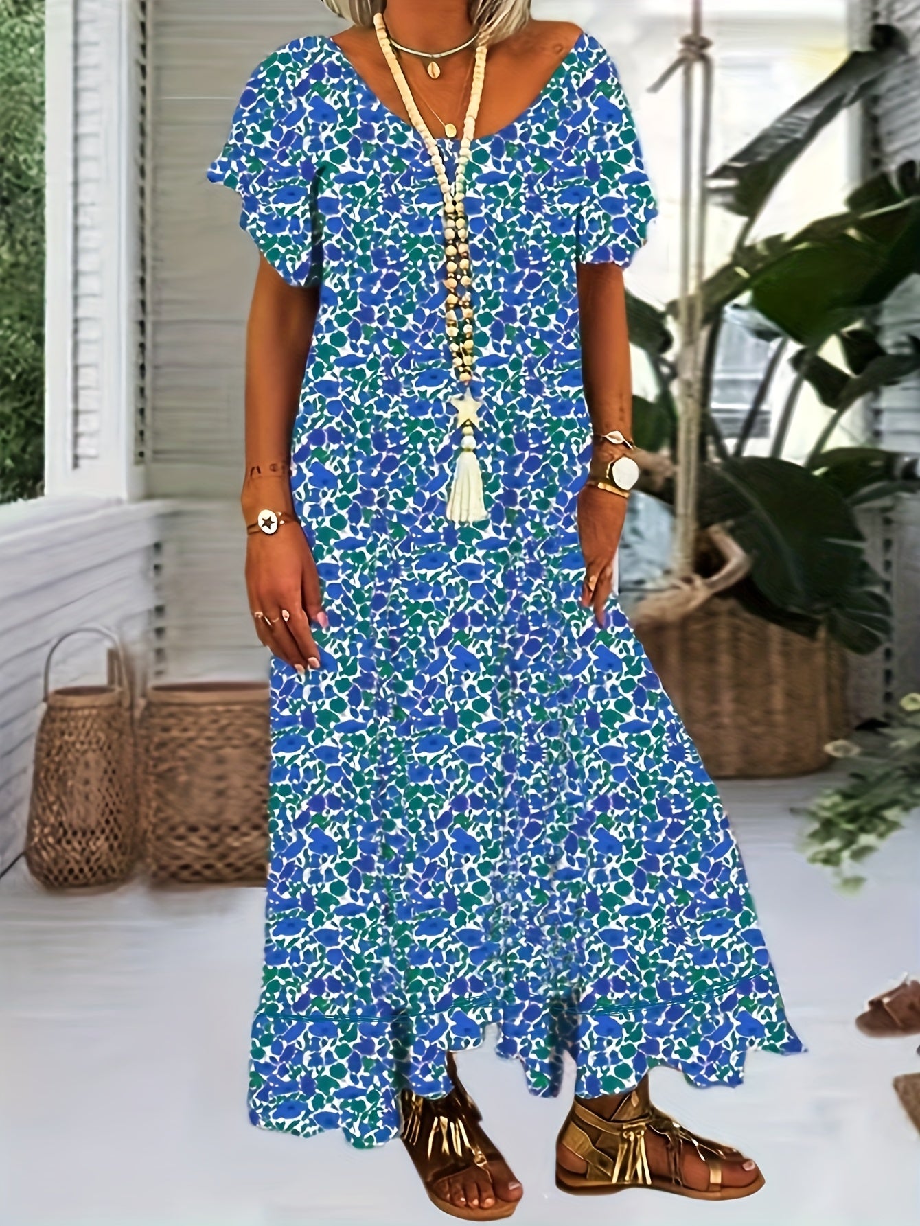  Boho Dress Floral Print V Neck Maxi Dress