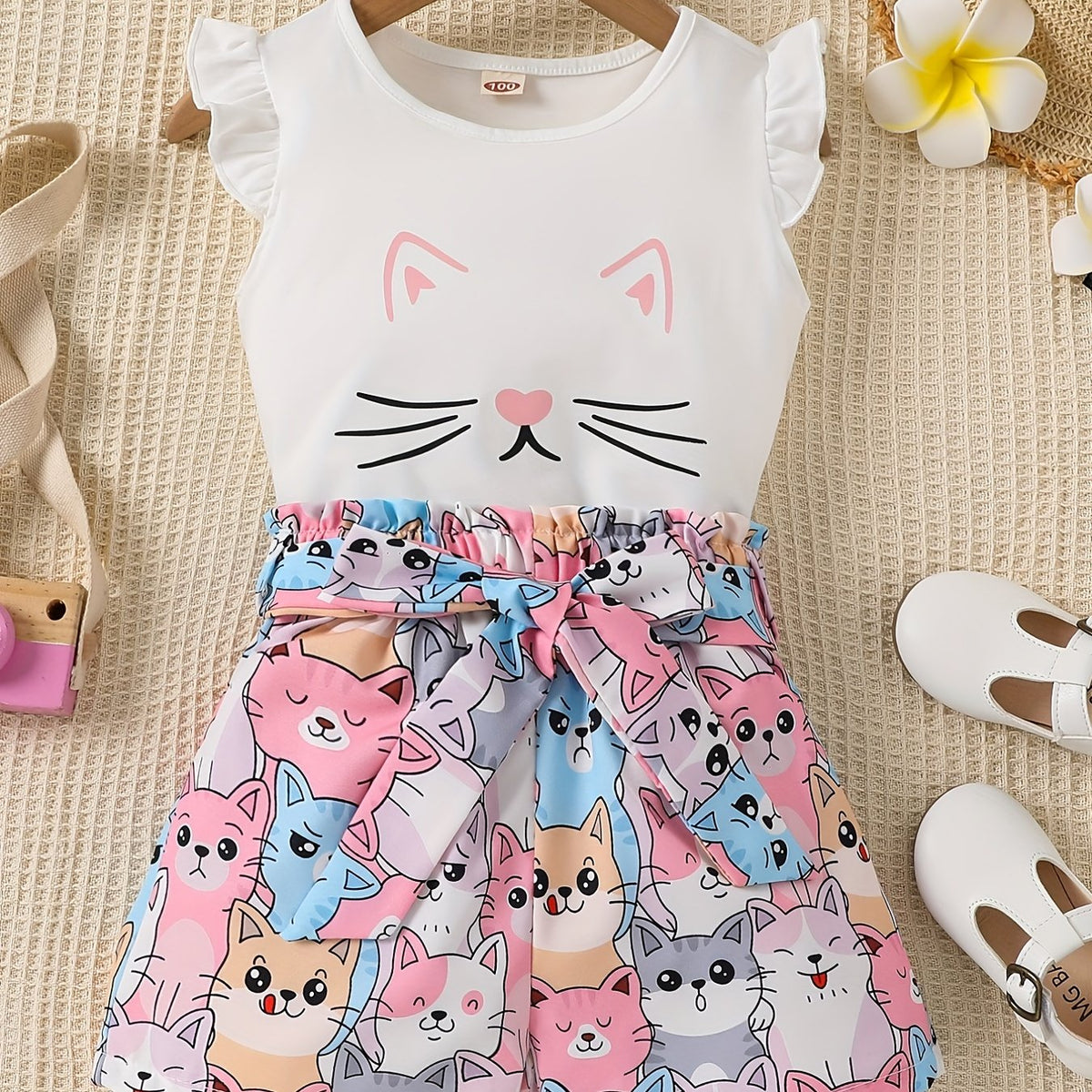 2pcs Toddler Girls Cat Graphic Ruffle Trim T Shirts Top & Shorts Set