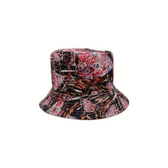 Graffiti Striped Print Bucket Hat Vintage Reversible Fisherman Cap Red Brown Sun