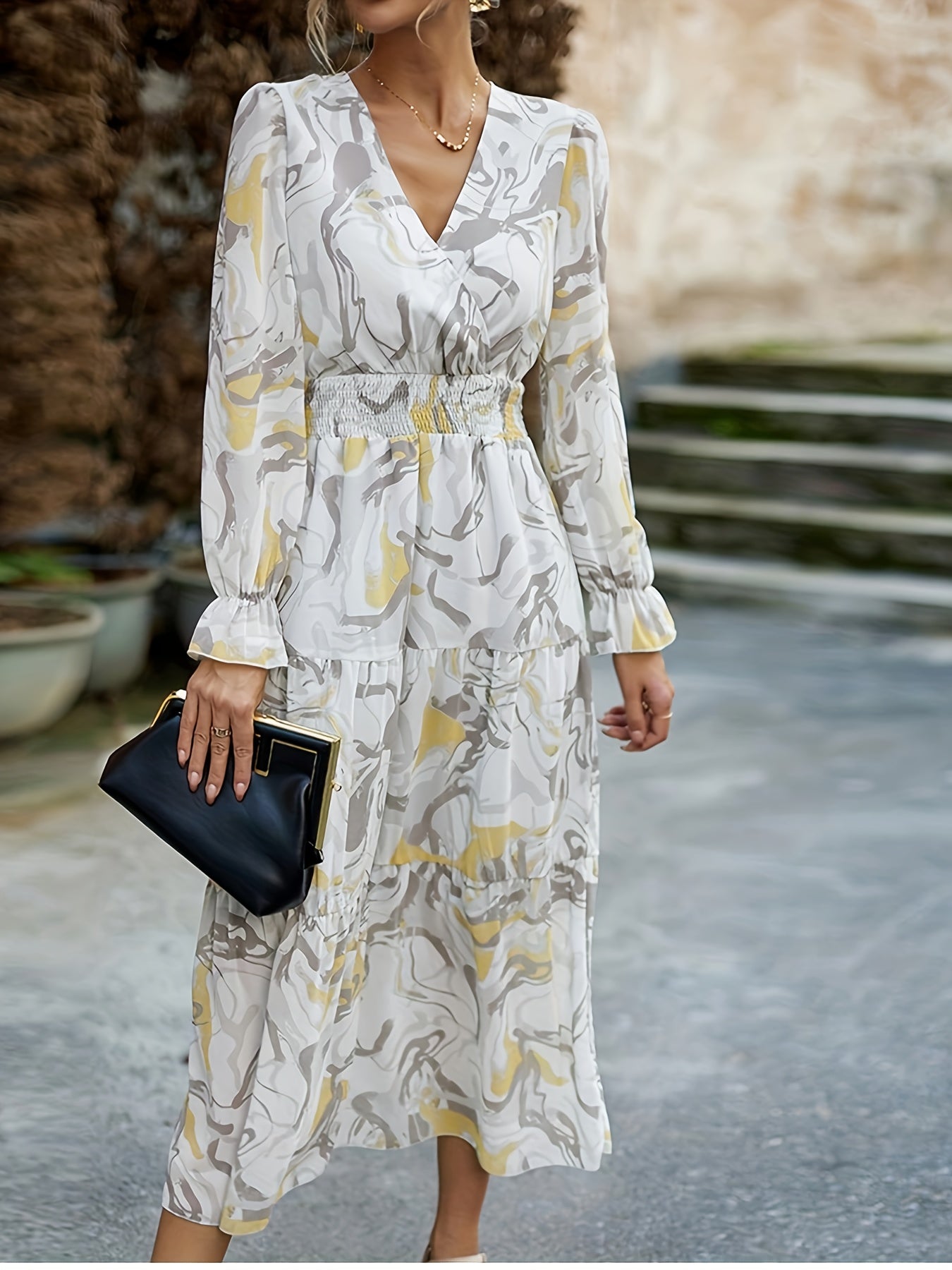 Women's Plus Marble Print Maxi Dress with Flounce Sleeves
