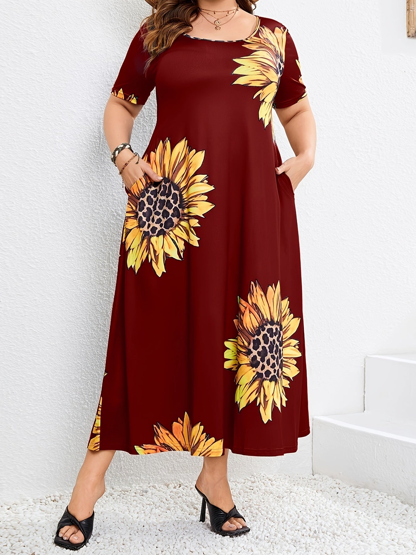  Sunflower Print Maxi Dress with Pockets