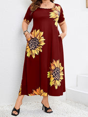  Sunflower Print Maxi Dress with Pockets