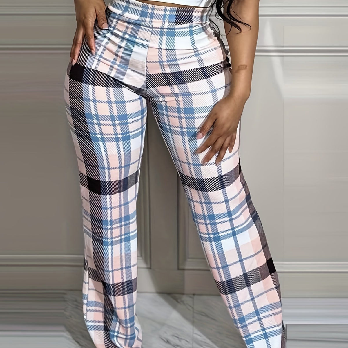 Boho Pants Women's Wide Leg Straight Plaid Print Elastic Waist