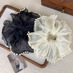Organza Scrunchies Hair Tie with Faux Pearl Brim Elastic Ponytail Holder