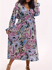  Boho Dress Paisley Print Lantern Sleeve Maxi Dress