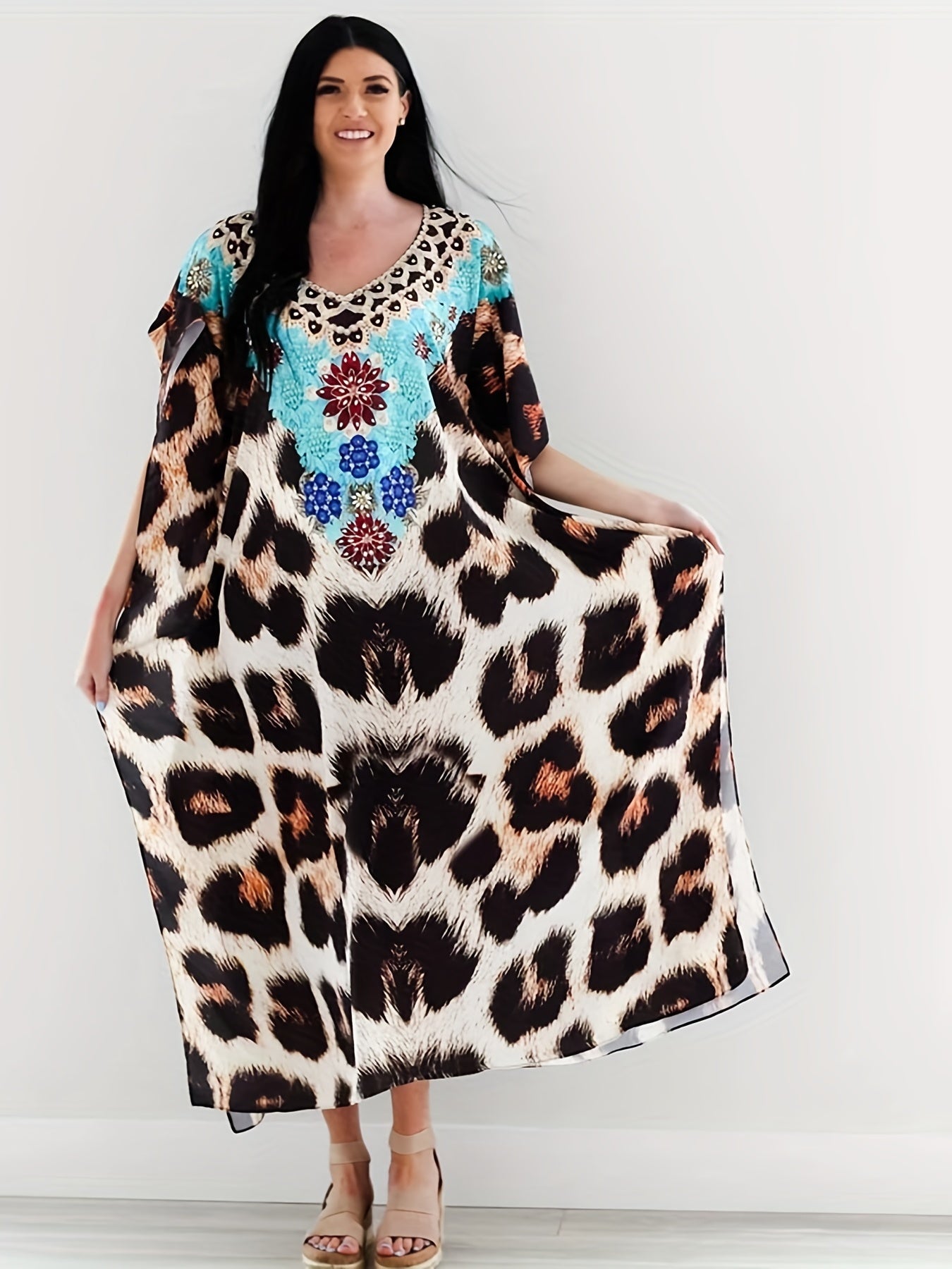 Leopard Print Bat Sleeve Split Cover Up Dress