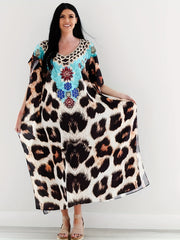  Leopard Print Bat Sleeve Split Cover Up Dress