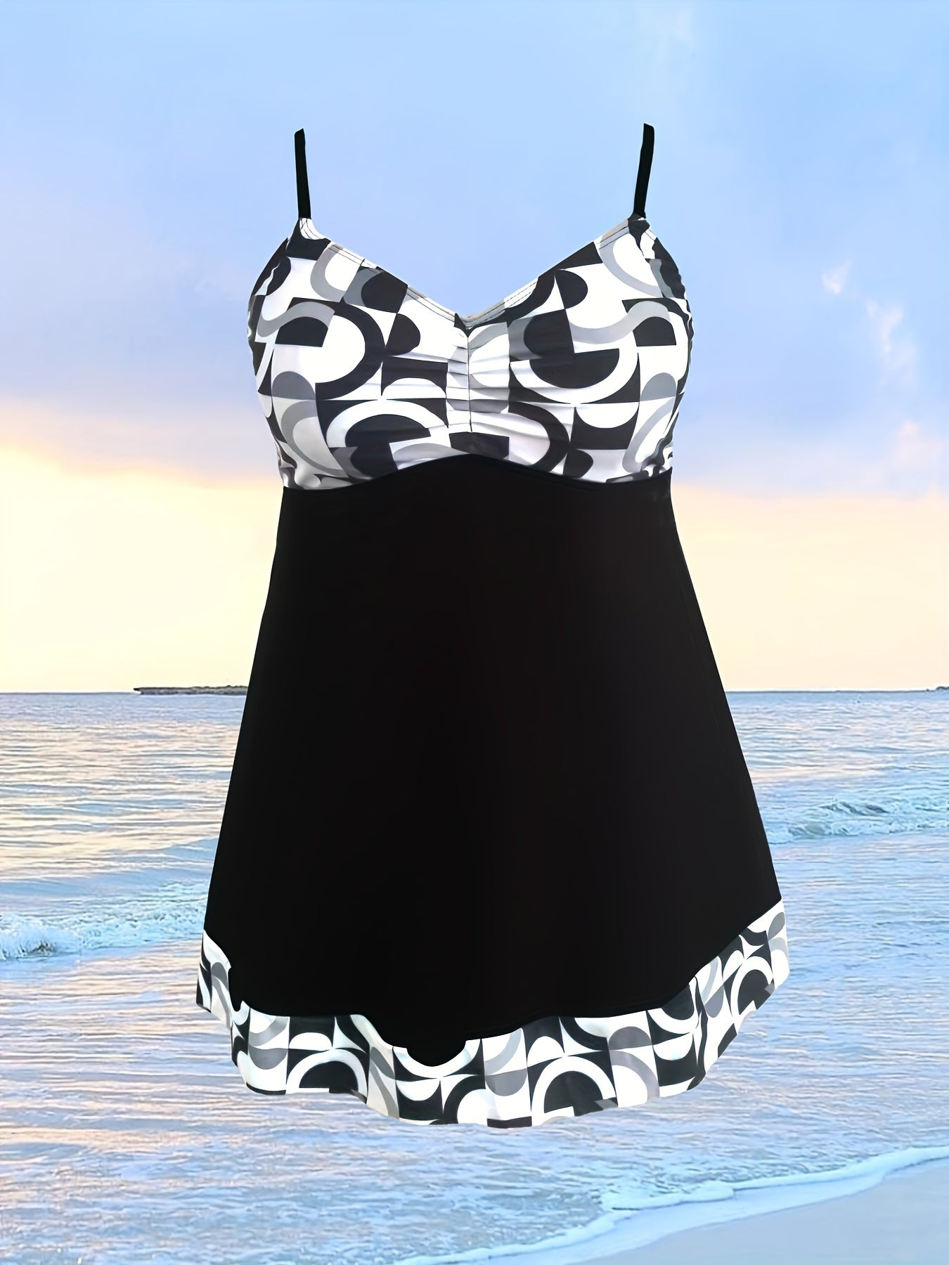  Colorblock Geo Print Tankini Set