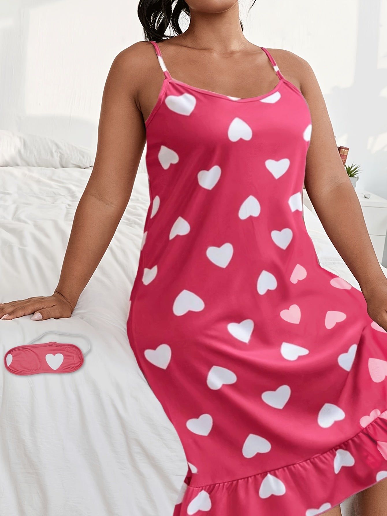  Heart Print Ruffle Trim Cami Sleep Dress