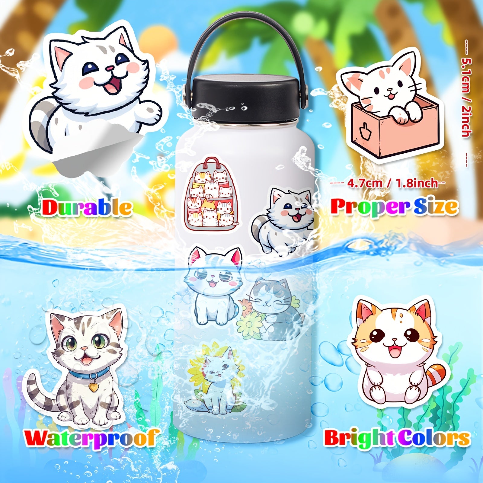 50pcs Cat Stickers Pack Waterproof Vinyl Cartoon Cat Stickers
