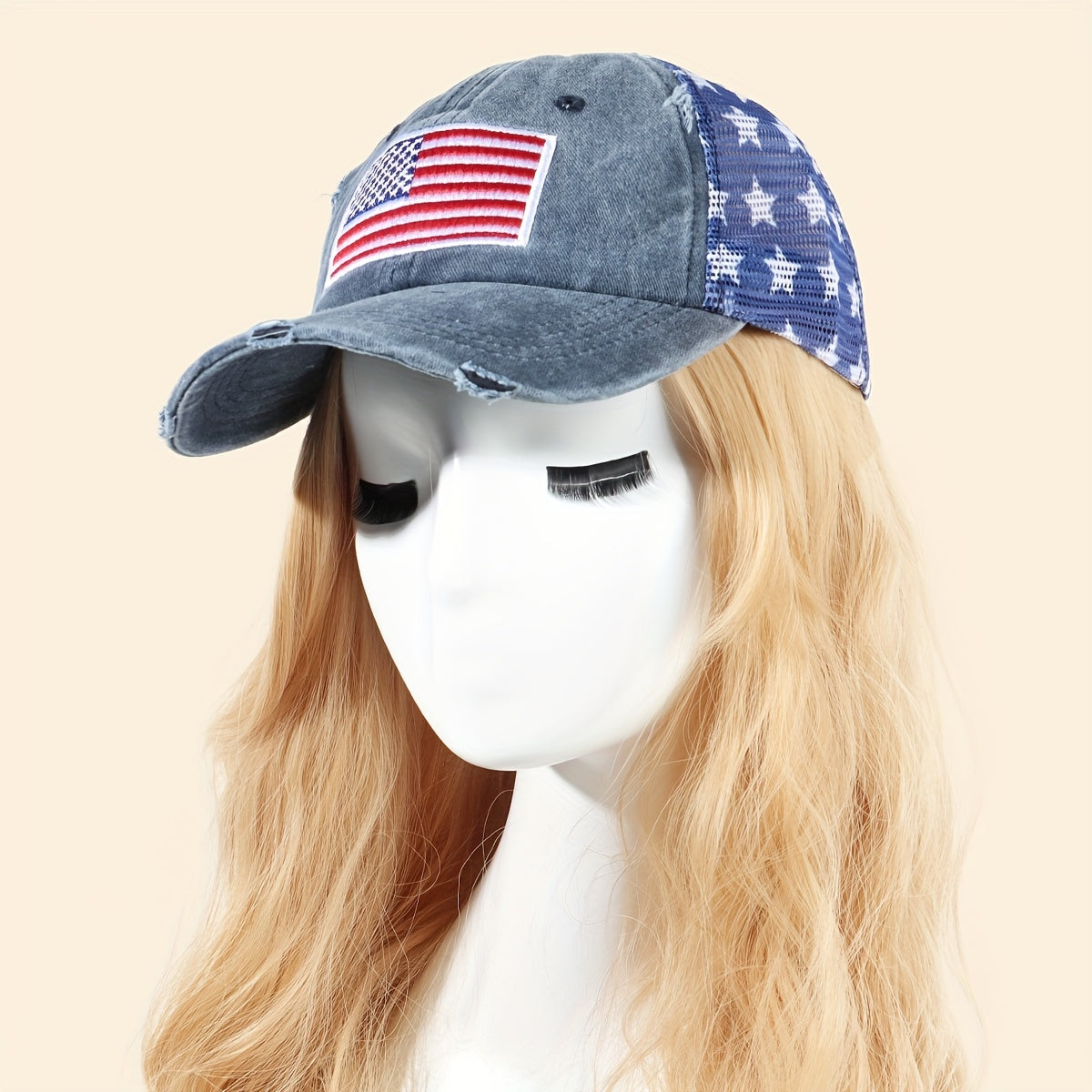 Pentagram Print Mesh Trucker Hat Navy Distressed Baseball Cap