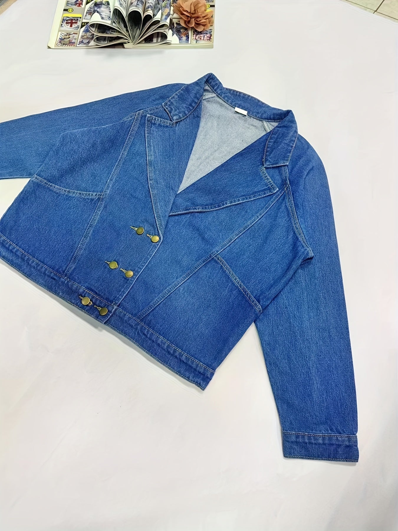  Denim Top Women's Solid Button Up Long Sleeve Collar Coat