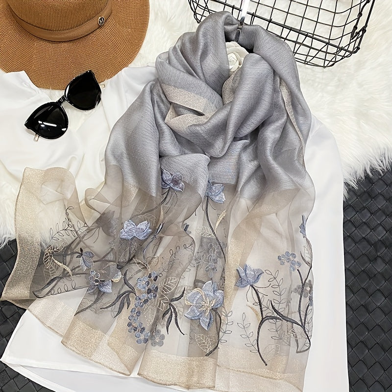Silk Blend Scarf Flower Embroidery Shawl Breathable Windproof