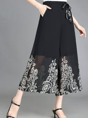 Floral Pattern Chiffon Cropped Wide Leg Pants Casual Belted Pants
