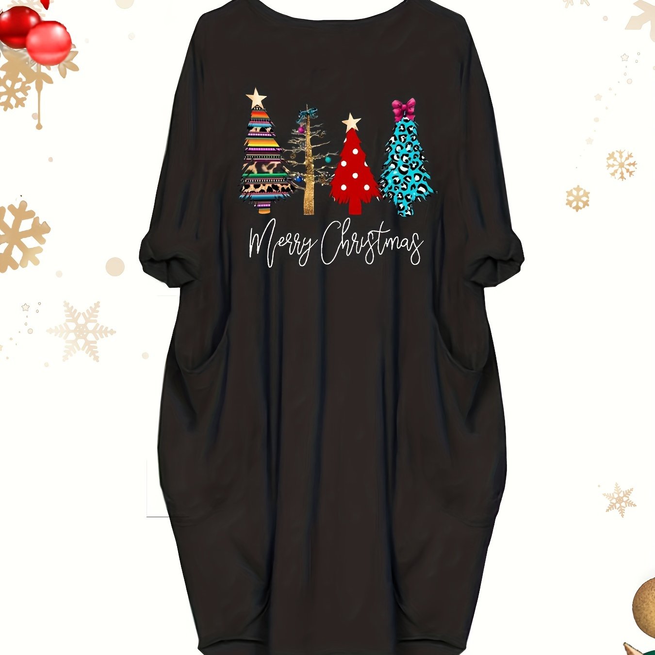  Christmas Tree Print Long Sleeve Round Neck Baggy Dress