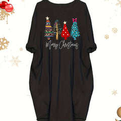  Christmas Tree Print Long Sleeve Round Neck Baggy Dress