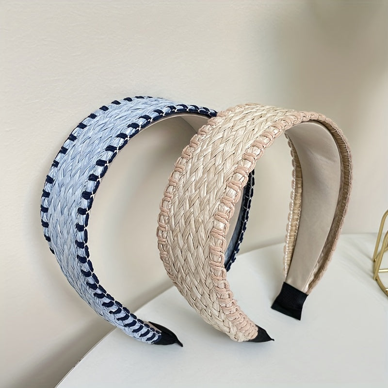 Boho Straw Knitted Headband Wide Head Hoop Ratten Headdress Hair Accessories