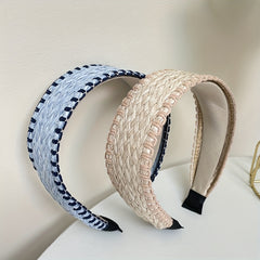 Boho Straw Knitted Headband Wide Head Hoop Ratten Headdress Hair Accessories