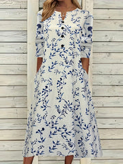  Floral Print Maxi Dress Notched Neck Long Sleeve With Pockets