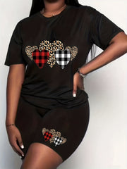  Gingham & Leopard Print Tee & Shorts Set