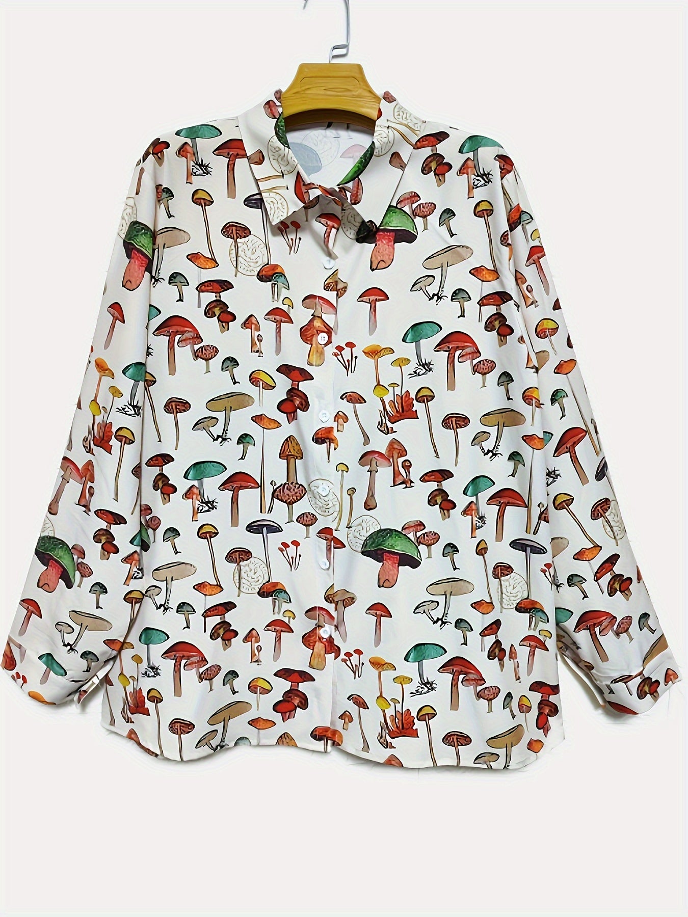  Mushroom Print Long Sleeve Button Up Shirt
