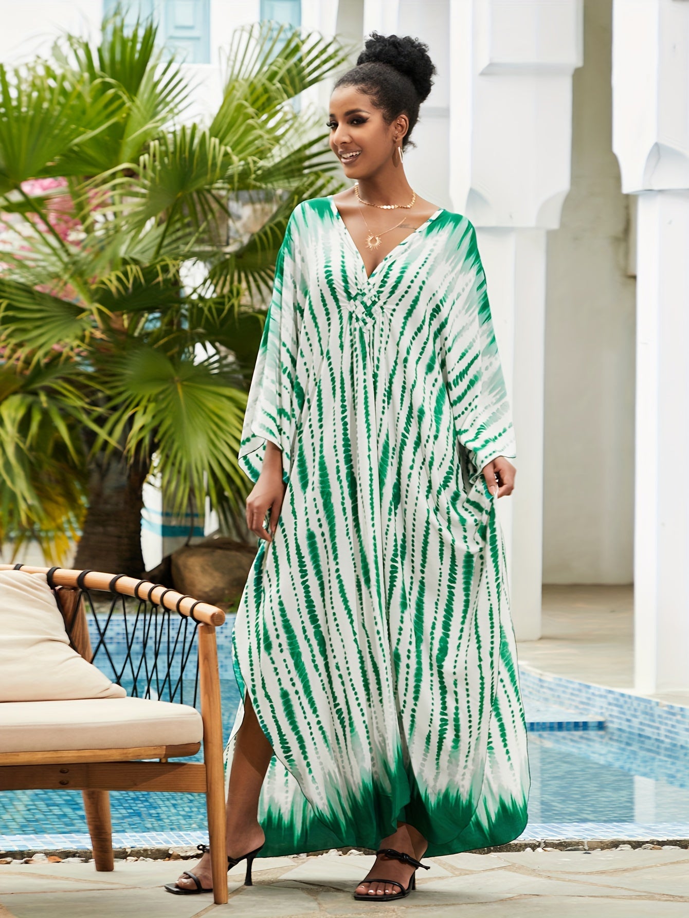  Boho Kaftan Dress Tie Dye Striped Print V Neck Maxi Beach Dress