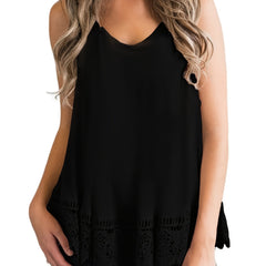  Tank Top Solid Contrast Lace Trim V Neck Stretch Tank Top