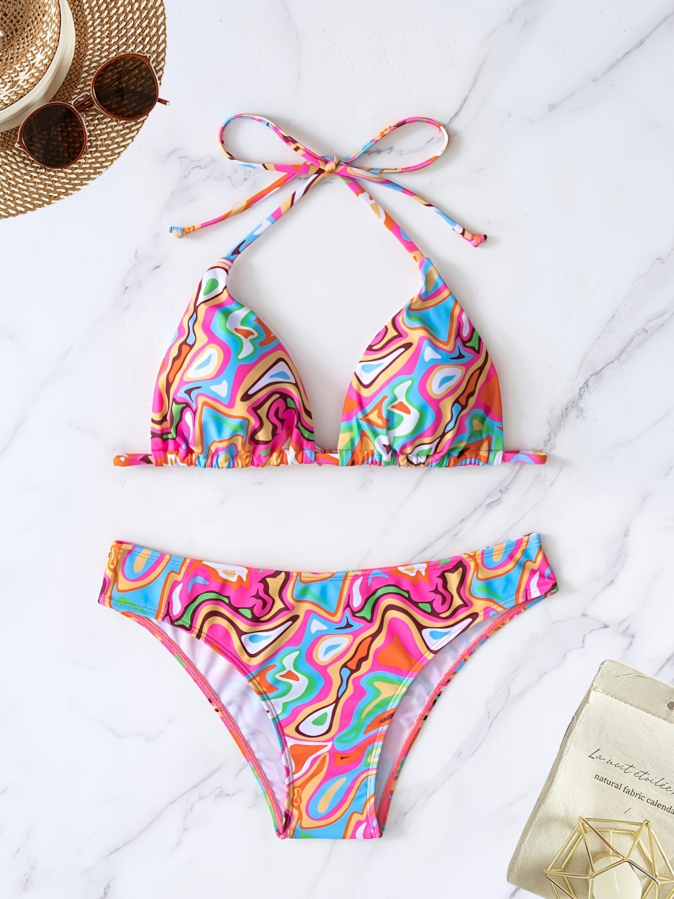 Fluid Print Triangle Bikini Sets Halter Neck High Cut Two Piece Swimsuit