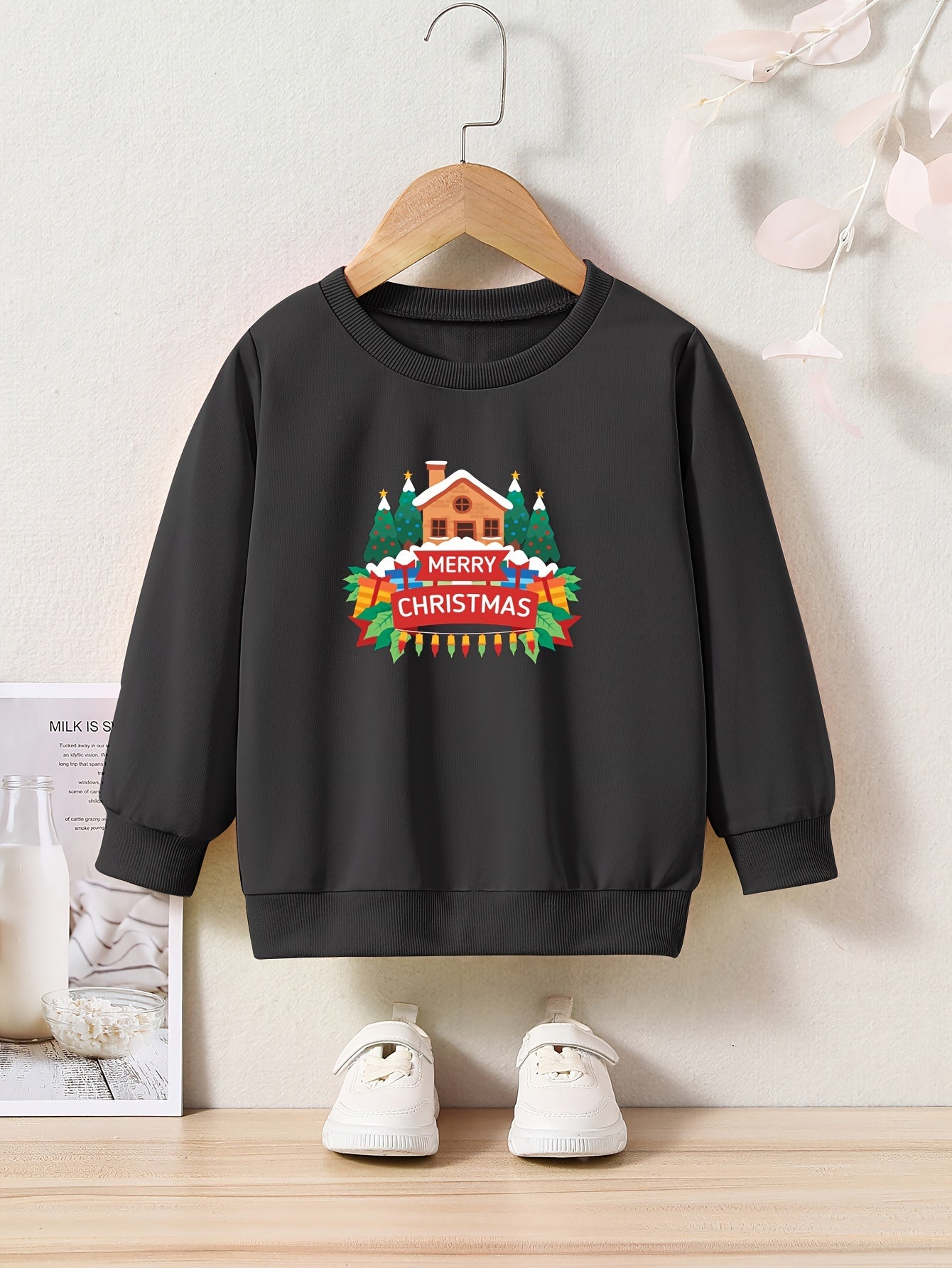 Christmas House & Tree Print Girls Sweatshirt Long Sleeve Crew Neck Top
