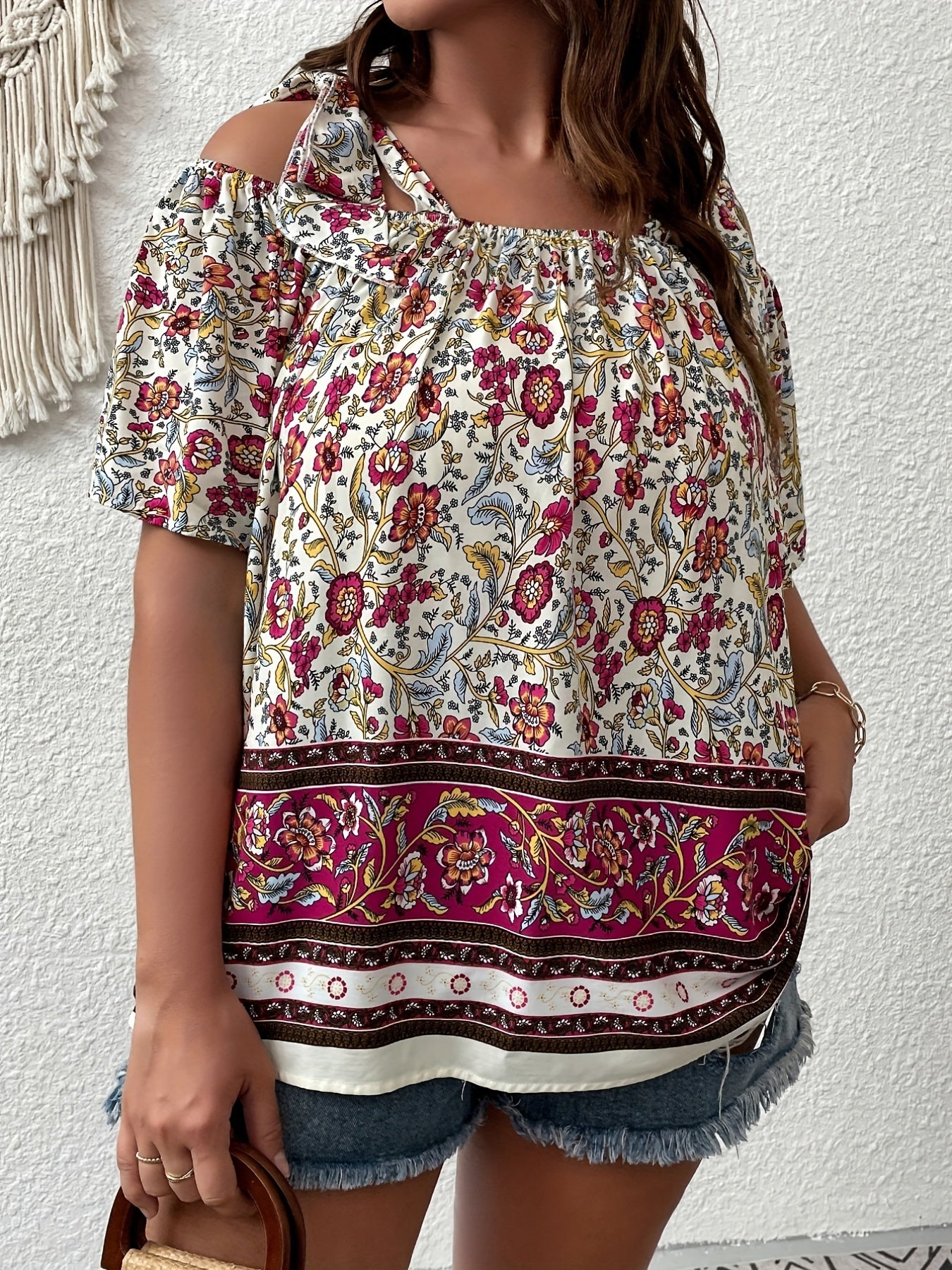  Boho Blouse Women's Plus Colorblock Floral Print