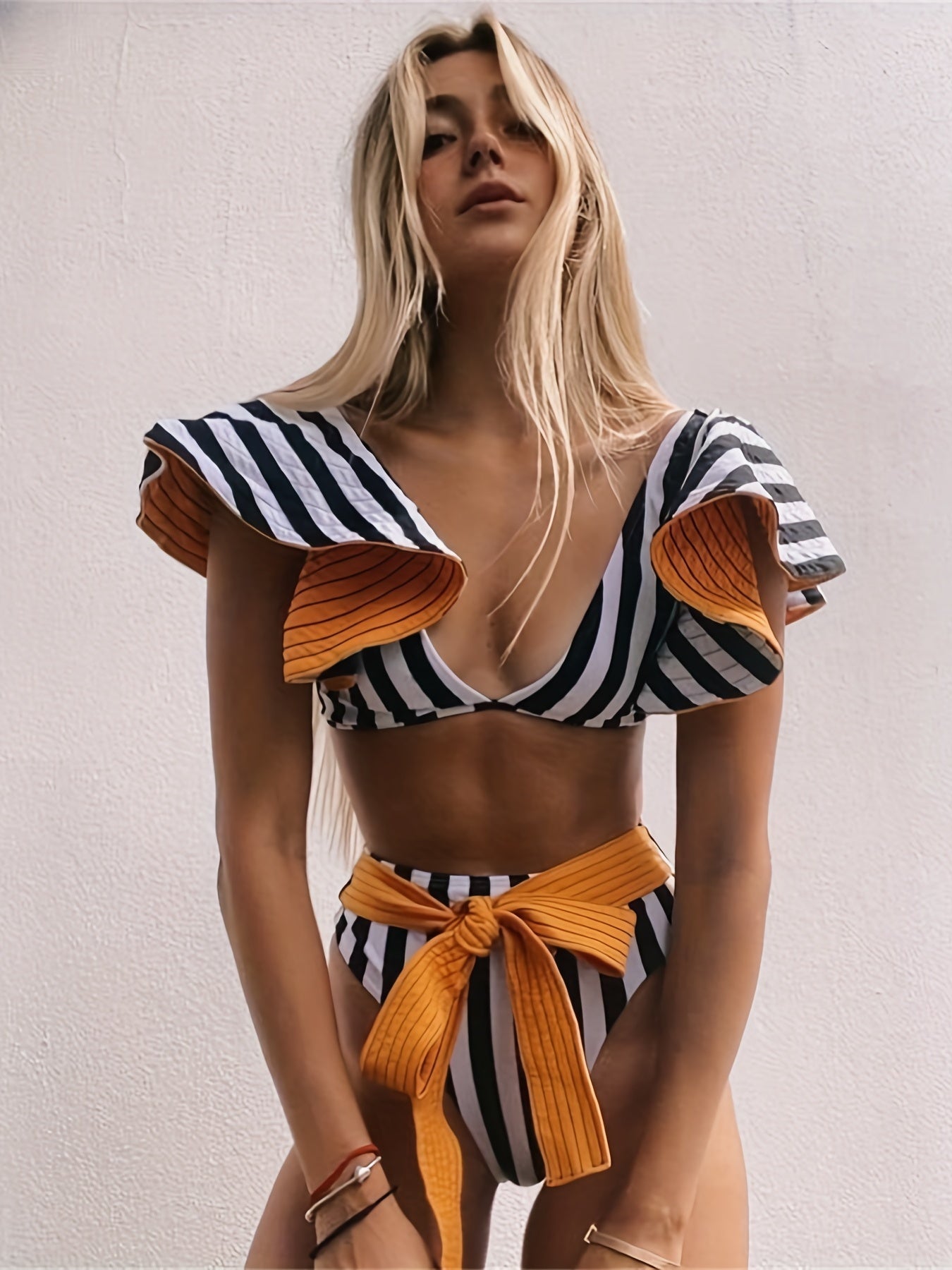 Stripes Print Tie Belt High Waist 2 piece Set Bikini Ruffle V Neck Swimsuit