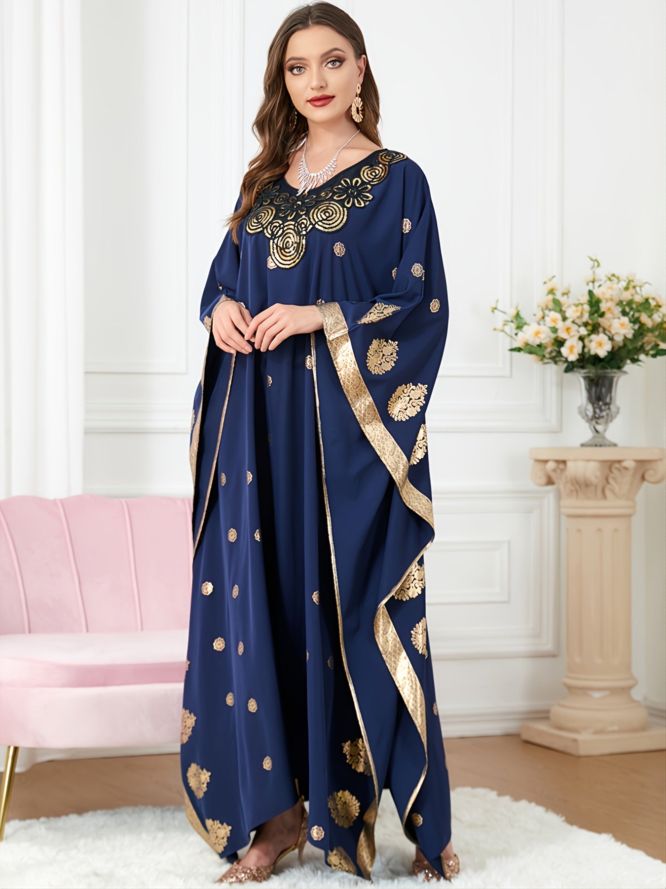  Batwing Sleeve Abaya Long Dress Women's Plus Loose Fit Round Neck Abay