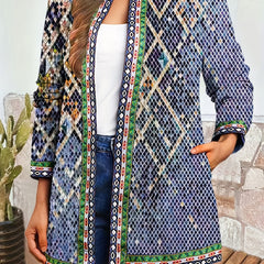 Ethnic Print Open Front Jacket Vintage Long Sleeve Crew Neck Outerwear