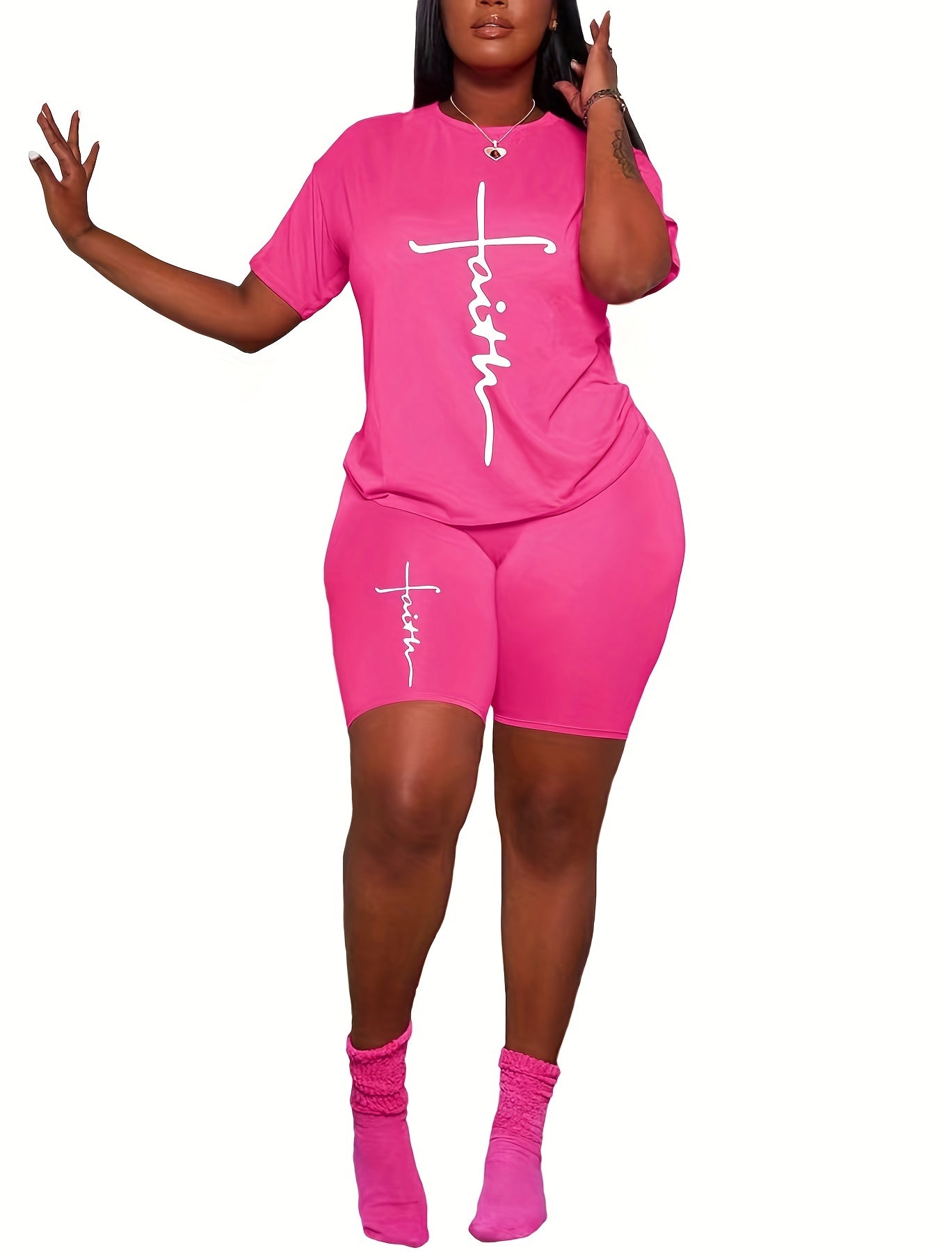 Faith Letter Print Two Piece Set Crew Neck Tee & Slim Shorts