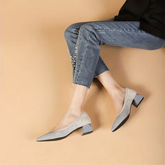 Women's Knitted Mid Heels Pointed Toe Slip On Chunky Heels Casual Shoes