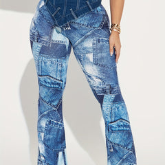 Women's Plus Denim Print High Rise Straight Leg Pants