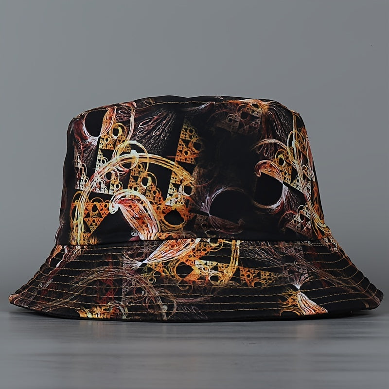 Golden Clockwork Reversible Bucket Hat Vintage Geometric Fisherman Cap