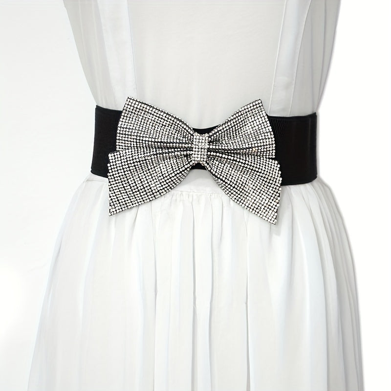 Rhinestone Bow Wide Belt Elastic Waistband Dress Girdle For Women
