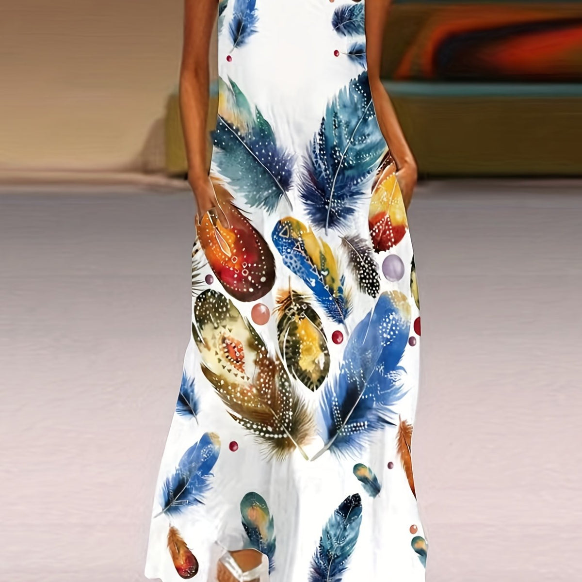 Feather Print Maxi Tank Dress With Pockets