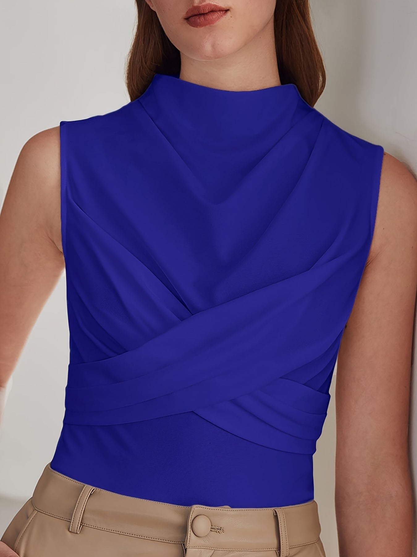 Ruched Tank Top Funnel Neck Sleeveless