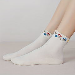 5 Pairs Floral Print Crew Socks Women's Stockings & Hosiery