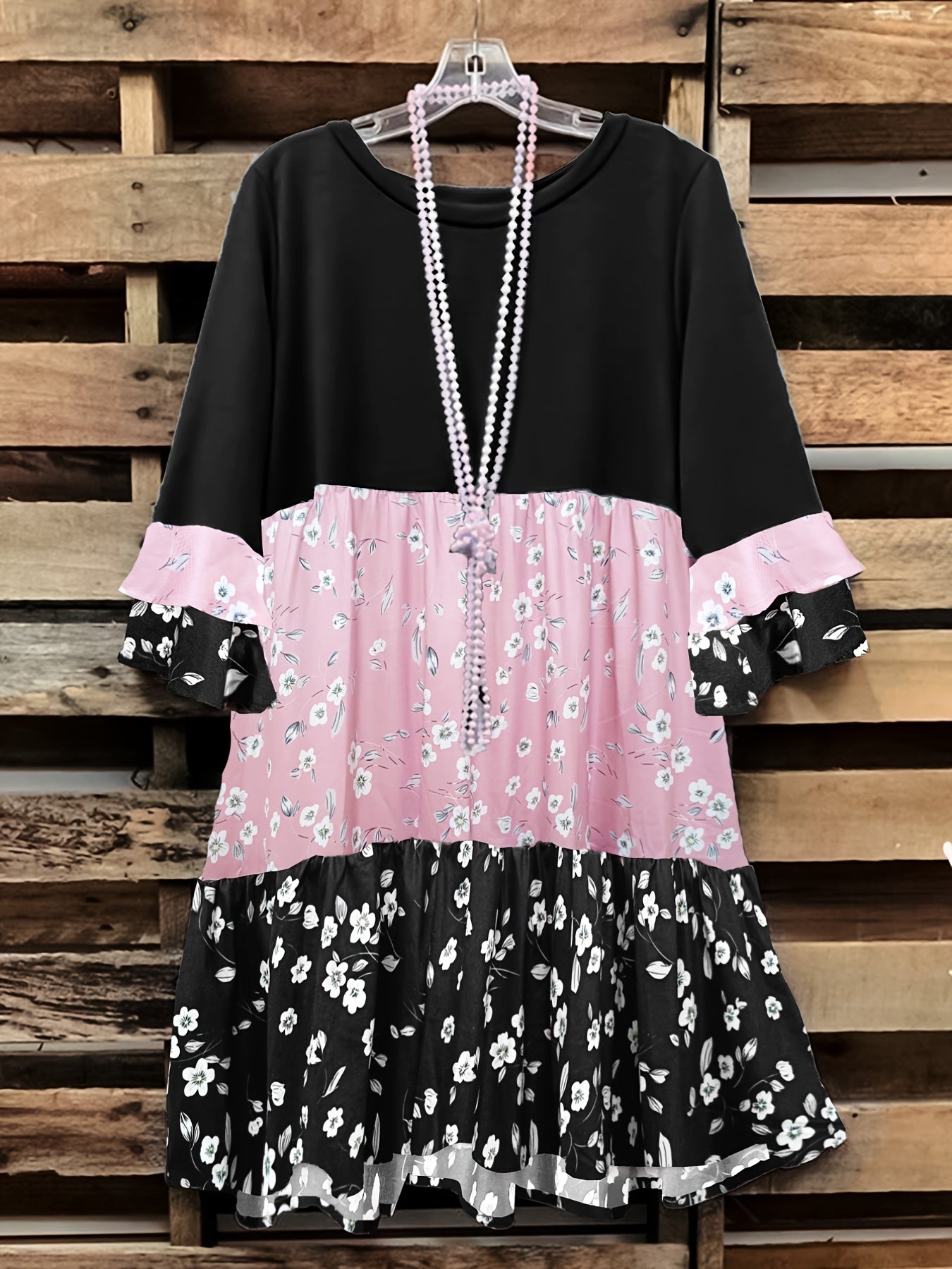  Colorblock Leopard Print Layered Sleeve Smock Dress