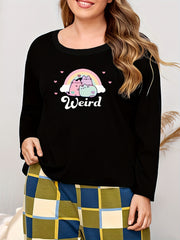  Cat Print Long Sleeve Lounge Top