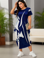  Abstract Print Short Sleeve Round Neck Baggy Dress