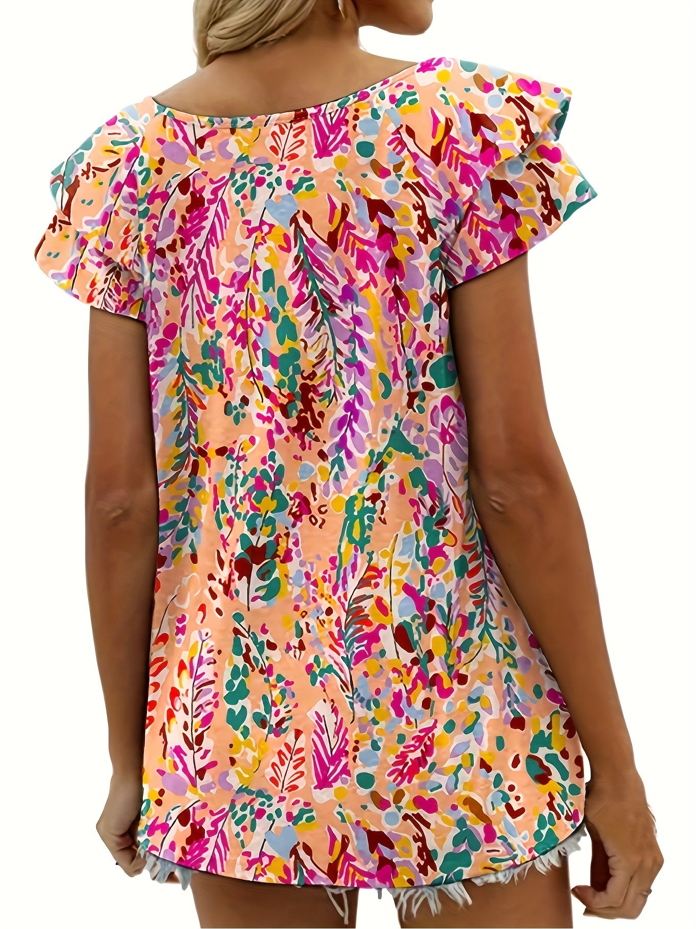  Casual Blouse Women's Plus Allover Print Layered Cap Sleeve V Neck Top
