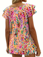  Casual Blouse Women's Plus Allover Print Layered Cap Sleeve V Neck Top