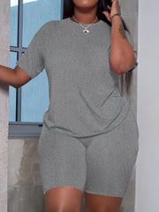 Casual Solid 2pc Set Short Sleeve T shirt & Skinny Shorts