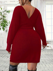  Solid Ribbed Surplice Neck Bat Sleeve Mini Dress