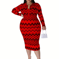 Geometric Print Turn Down Collar Bodycon Dress Plus Size
